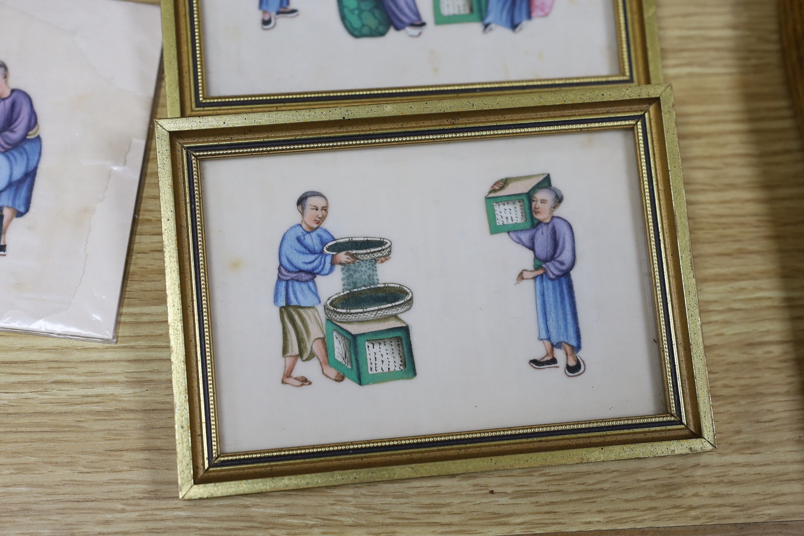 19th century Chinese School, four gouaches on pith paper, Studies of tea pickers, 9.5 x 14cm